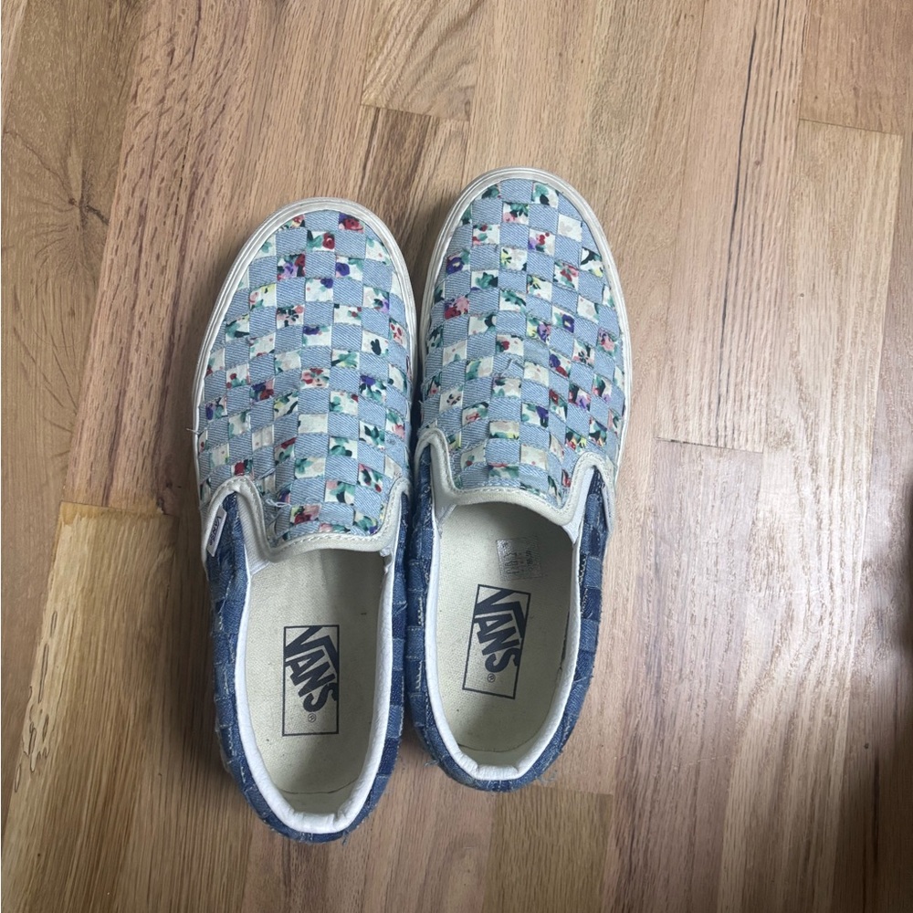 Vans Slip-On Sneakers - Blue and White Checkered with Floral Design